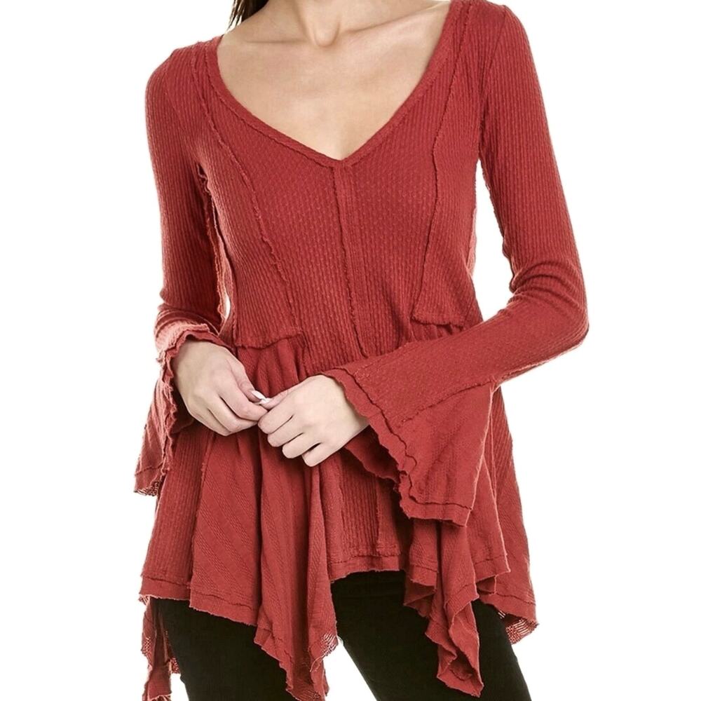 Free People We The Free Top Size XS Rust Orange Thermal Tunic Shirt Boho Hippie